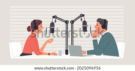 Podcast or radio show. The broadcast of the program on the internet or on the radio. The host has a guest in the studio. Vector illustration in flat style