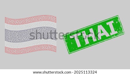 Mesh polygonal waving Thailand flag and distress Thai rectangle badge. Carcass model is designed on windy Thailand flag. Green rectangle Thai distress watermark.