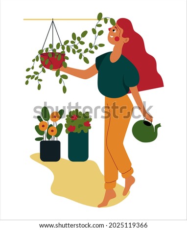 Young woman caring for plants. The girl holds a flower pot and a watering can, against the background of home plants. Vector.