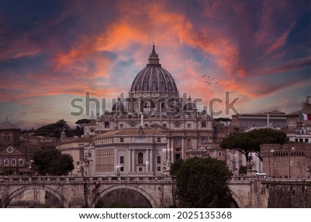 St Peter's Basilica (San Pietro) in Vatican City, Italy at sunset. It is a famous landmark of Vatican. Nice cityscape of the old Roma in summer. Beautiful panorama of medieval Rome and Vatican City. Royalty-Free Stock Photo #2025135368
