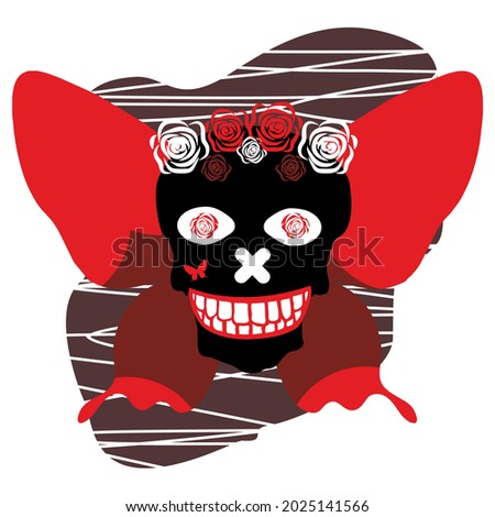 Black skull with red flowers illustration