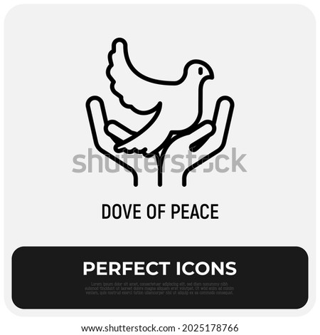Dove in hands thin line icon. Modern vector illustration of peace symbol.