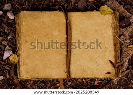 A homemade book laying on the ground open with blank pages- Handmade paper in a leather bound binding- A vintage-antique book- a rustic book background- dark ages look- vintage background- blank pages Royalty-Free Stock Photo #2025208349