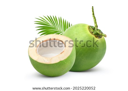 Coconut juice in half fruit with water droplets and leaf isolated on white background. Royalty-Free Stock Photo #2025220052