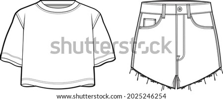 short sleeve crop top t shirt and casual denim shorts frayed raw hem ripped jeans shorts flat sketch vector illustration  Royalty-Free Stock Photo #2025246254