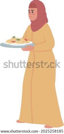Woman with meal on plate semi flat color vector character. Standing figure. Full body person on white. Dinner preparation isolated modern cartoon style illustration for graphic design and animation