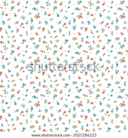 Trendy seamless vector floral pattern. Endless print made of small orange and blue flowers. Summer and spring motifs. White background. Stock vector illustration.