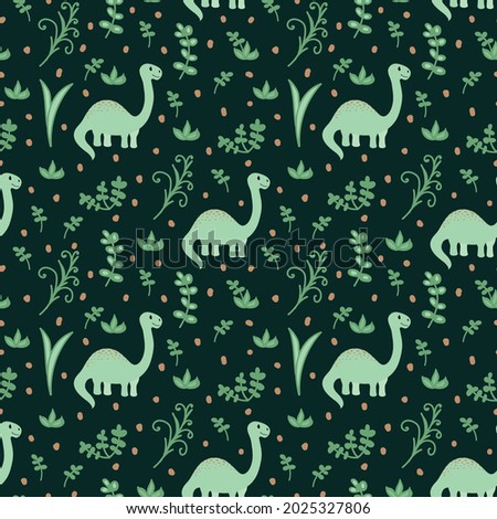 Cute dinosaur pattern. Characters among the tropics for background and texture. Cartoon animal in a doodle for children's textiles. Vector illustration