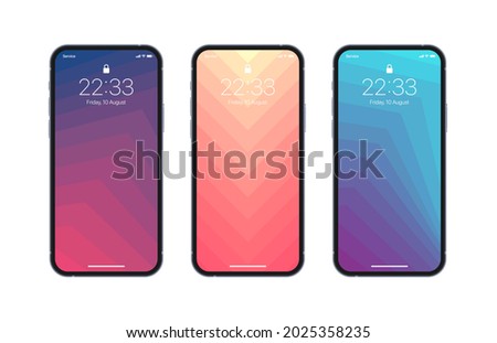 Different Variations Of Vivid Geometrical Pattern Wallpapers Set On Photorealistic Smartphone Screen Isolated On White Background. Set Of Vertical Abstract Backgrounds For Smartphone