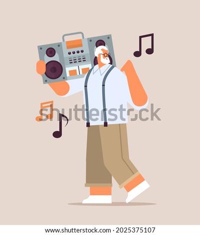 senior man with bass clipping ghetto blaster recorder listening music grandfather having fun active old age concept full length vector illustration