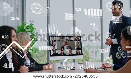 Creative visual of business people in a corporate staff meeting on video call . Concept of digital technology for marketing data analysis and investment decision making .