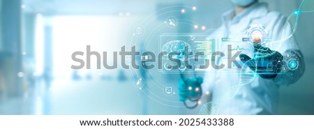 Medicine doctor touching electronic medical record on virtual screen, Brain Analysis, DNA. Digital healthcare and network connection on modern interface, medical technology and futuristic concept. Royalty-Free Stock Photo #2025433388