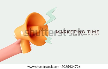 Hand hold megaphone. Marketing time concept, realistic 3d megaphone, loudspeaker with lightning. Symbols Speaker, Social media, Advertising and promotion. Vector illustration Royalty-Free Stock Photo #2025434726