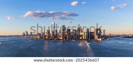 Panoramic Manhattan Skyline with Freedom Tower at Sunset, New York City, USA