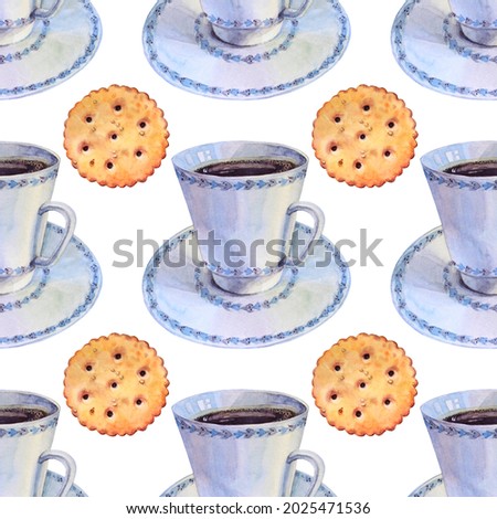 Seamless pattern watercolor blue porcelain cup with saucer of hot aromatic coffee for breakfast and biscuit cracker on white background. Energy beverage espresso, aroma tea. Creative art for cafe menu
