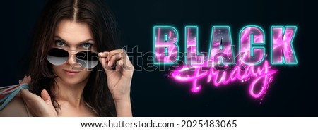 Beautiful girl and the inscription Black Friday. Sale flyer, discount banner, sales, discounts, price drop, poster, website header. Copy space