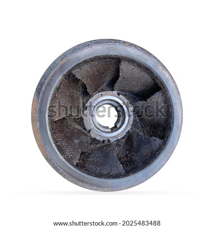 Closeup impeller corrosion of isolated on white background with clipping path, impeller is gravitation, Spare part pump, Centrifugal pump in petrochemical plant or refinery at industrial Royalty-Free Stock Photo #2025483488