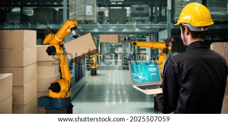 Smart robot arm systems for innovative warehouse and factory digital technology . Automation manufacturing robot controlled by industry engineering using IOT software connected to internet network . Royalty-Free Stock Photo #2025507059