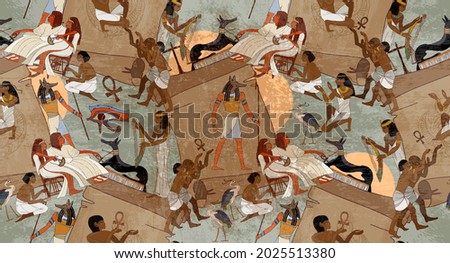 Ancient Egypt frescoes. Seamless pattern. Life of egyptians. Hieroglyphic carvings on exterior walls of an old temple. Agriculture, workmanship, farm. History art  Royalty-Free Stock Photo #2025513380
