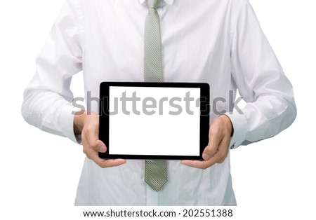 Businessman standing posture hand holding blank tablet isolated on over white background