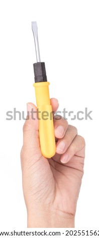 hand holding Flat-Head Screwdriver isolated on white background.