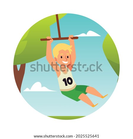 Boy is swinging on a bungee in summer park in afternoon in flat style vector illustration. Child cartoon character swings and jumps from swing on nature. Round composition