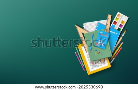 Vector illustration with school supplies.A school textbook, notebooks and other stationery on the background of a school green board.A template for congratulations on the beginning of the school year. Royalty-Free Stock Photo #2025530690