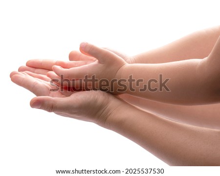 Mother and Child’s holding hands isolated on a white background, Mother and Kid hand isolated on a white background With clipping path. 