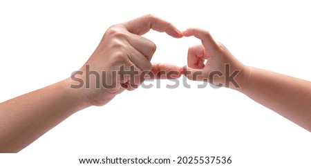 Mother and Child’s use Fingers intertwined to a heart form isolated on a white background, Mother and Kid hand isolated on a white background With clipping path.