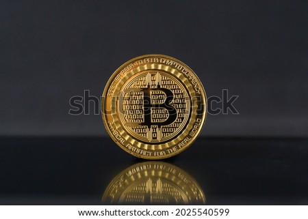 Gold bitcoin on Black Dark background. golden bit coins digitals money technology worldwide network transfer Concept of online cryptocurrency mining Sci-fi design blockchain for graphic design concept