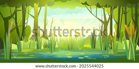 Summer forest landscape with a pond. Bank of a river or lake. Morning sunrise. Trees and thickets. Sky with clouds. Swamp illustration. Flat style. Water waves. Vector Royalty-Free Stock Photo #2025544025