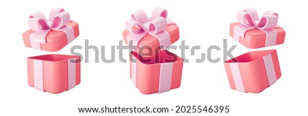 3d red open gift box set with pastel ribbon bow isolated on a white background. 3d render flying modern holiday open surprise box. Realistic vector icon for present, birthday or wedding banners Royalty-Free Stock Photo #2025546395