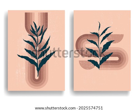 Modern poster with minimalist design elements . Retro lines and leaves in Boho style  . Wall art , home deco . Vector abstract shape.