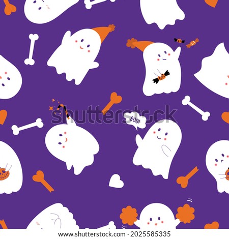 Set of cute vector happy ghosts icons. Halloween seamless pattern funny. Childish spooky boo characters for kids. Magic scary spirits with different emotions and face expressions.