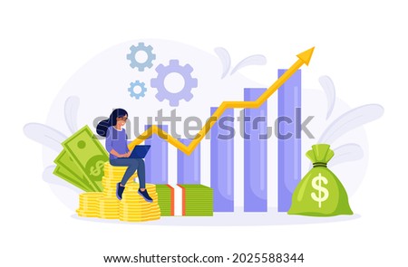 Investment and Analysis Money Profits. Investor sitting on stack of coins. Employee Making Investing Plans, Calculating Benefits on Laptop. Profitable investment, funding Financial consulting, savings Royalty-Free Stock Photo #2025588344