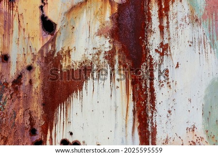 Stylish grunge metal background, horizontal texture, abstract rusty surface with through holes, old peeling paint, bullet holes