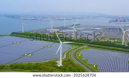 Renewable energy concept. Solar power plant and wind power plant aerial view.