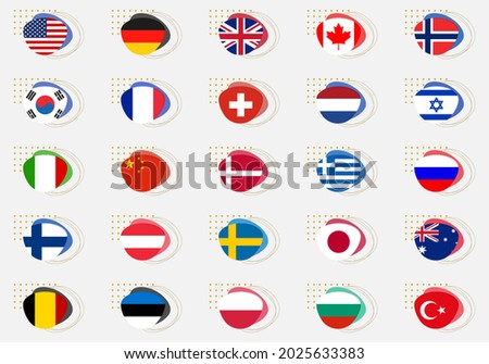 Flag icon set. National flags of the world with abstract background and geometric shapes. Different nation and country emblems. Vector illustration.