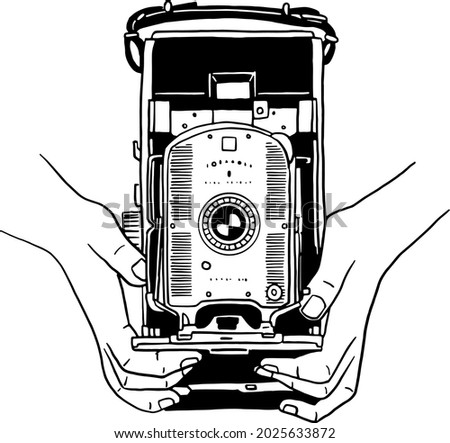 Hand holding Vintage camera Photographer taking pictures Hand drawn line art vector illustration