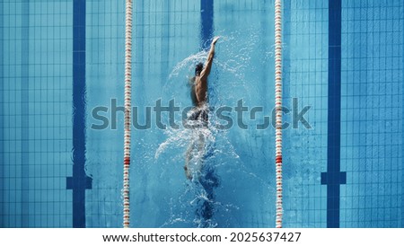 Aerial Top View Male Swimmer Swimming in Swimming Pool. Professional Athlete Training for the Championship, using Front Crawl, Freestyle Technique. Top View Shot Royalty-Free Stock Photo #2025637427