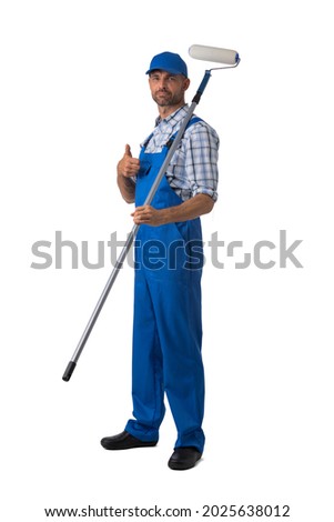 Male house painter man in uniform with paint roller Isolated over white background