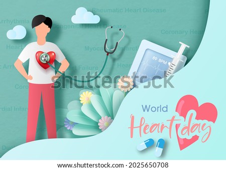 Poster's concept of World heart day in paper cut style and vector design.
