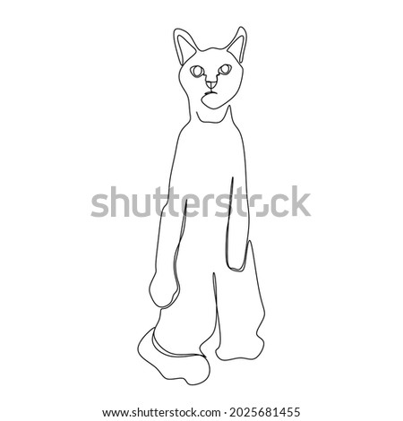 Continuous one line drawing of cat silhouette. Cute cat standing on two legs like a human in abstract hand drawn style Simple and minimalist animal doodle art. Abstract ink vector illustration. 