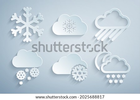 Set Cloud with snow, rain, and moon,  and Snowflake icon. Vector