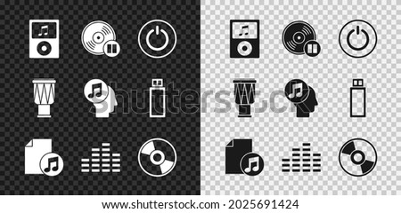 Set Music player, Vinyl disk, Power button, book with note, equalizer, CD or DVD, Drum and Musical human head icon. Vector