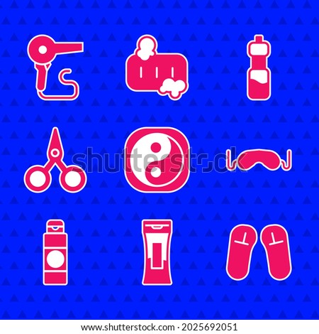 Set Yin Yang, Bottle of shampoo, Slipper, Eye sleep mask, Cream or lotion cosmetic tube, Scissors, water and Hair dryer icon. Vector