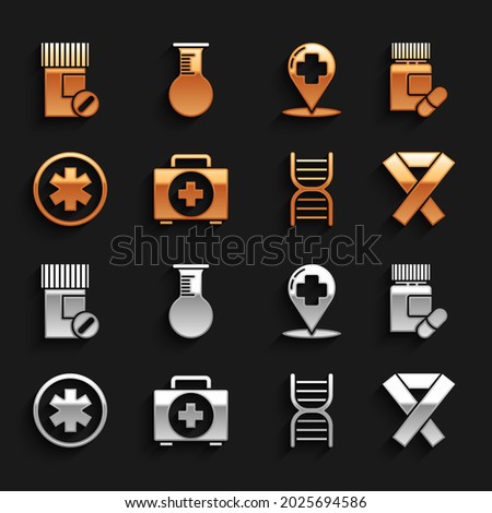 Set First aid kit, Medicine bottle and pills, Awareness ribbon, DNA symbol, Medical of the Emergency, Map pointer with cross hospital,  and Test tube flask icon. Vector