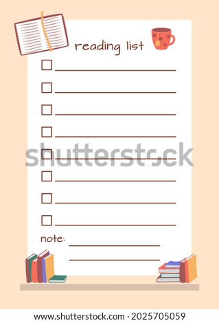 Template for a reading list with place for Notes, decorated with bookshelf, open book and mug of tea. Vector illustration, flat style