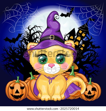 Cartoon lion, lioness in a purple witch's hat and cloak with pumpkins, against the backdrop of a cobweb, castle, moon and trees. Halloween poster