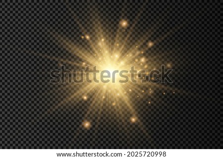 The star burst with brilliance, glow bright star, yellow glowing light burst on a transparent background, yellow sun rays, golden light effect, flare of sunshine with rays, vector illustration, eps 10 Royalty-Free Stock Photo #2025720998